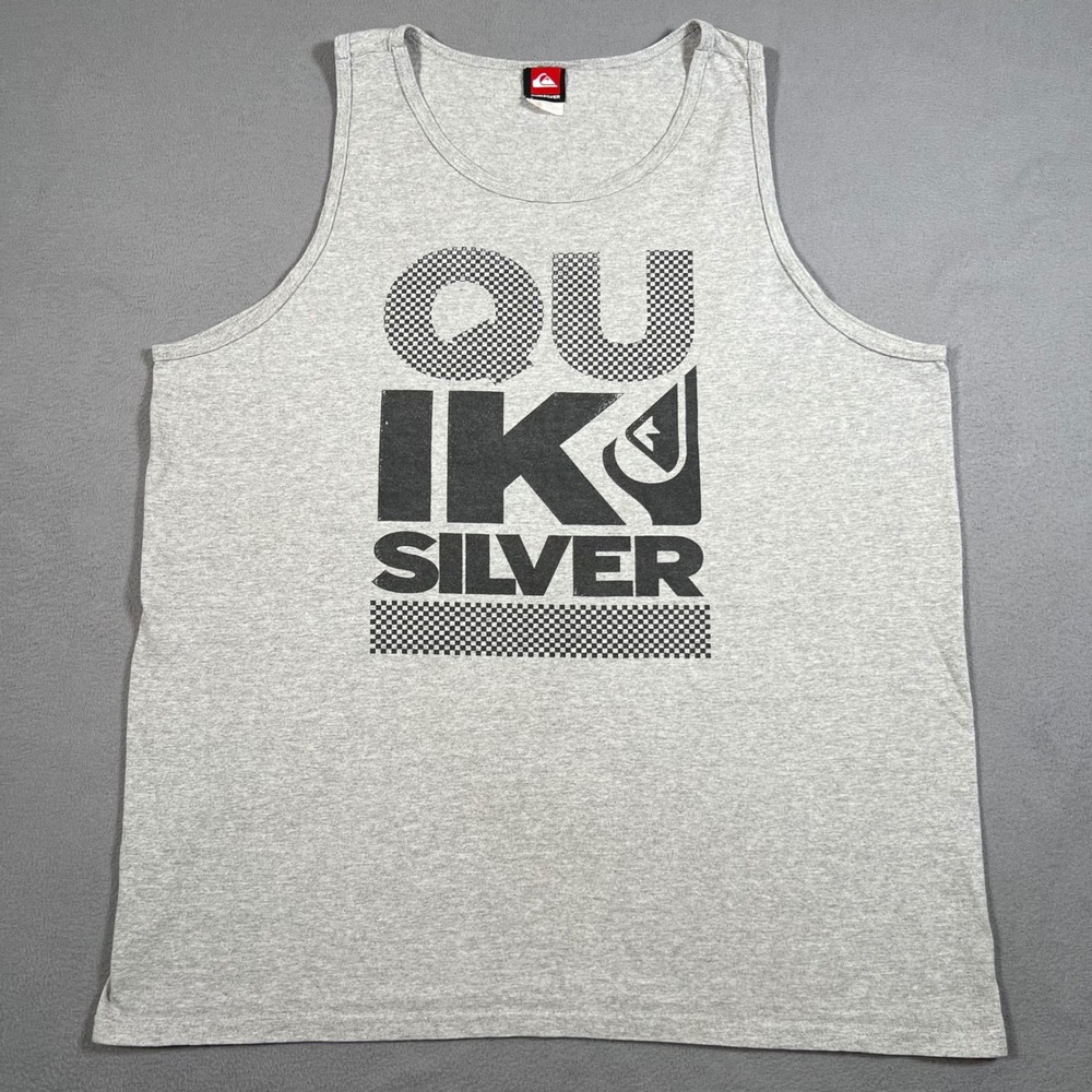 Vintage Quiksilver Tank Top Mens XL Gray Sleeveless Checkered Big Logo Tee Shirt